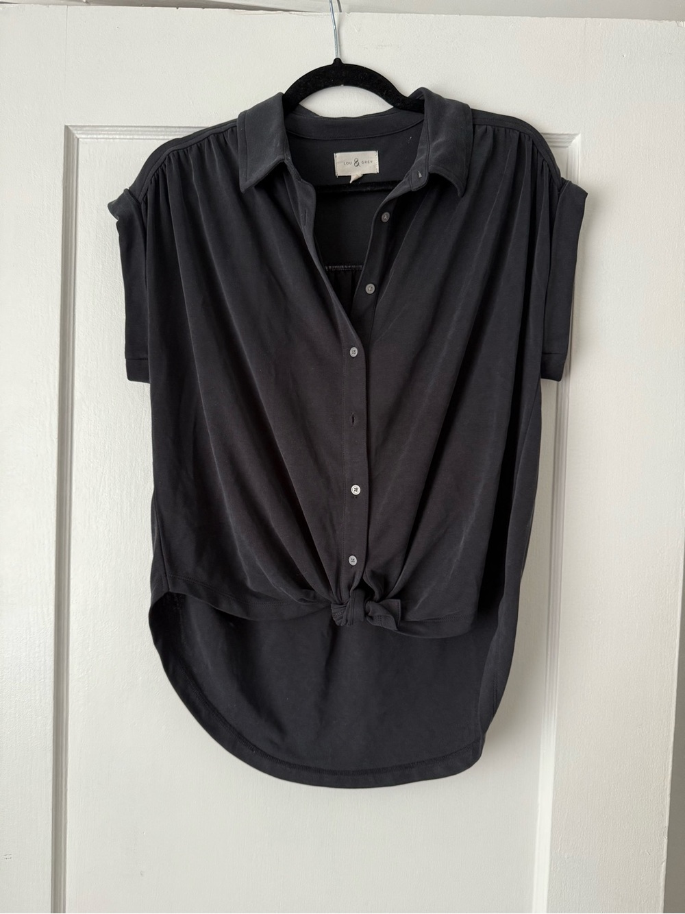 Relaxed Knot-Front Short Sleeve Shirt - Black
